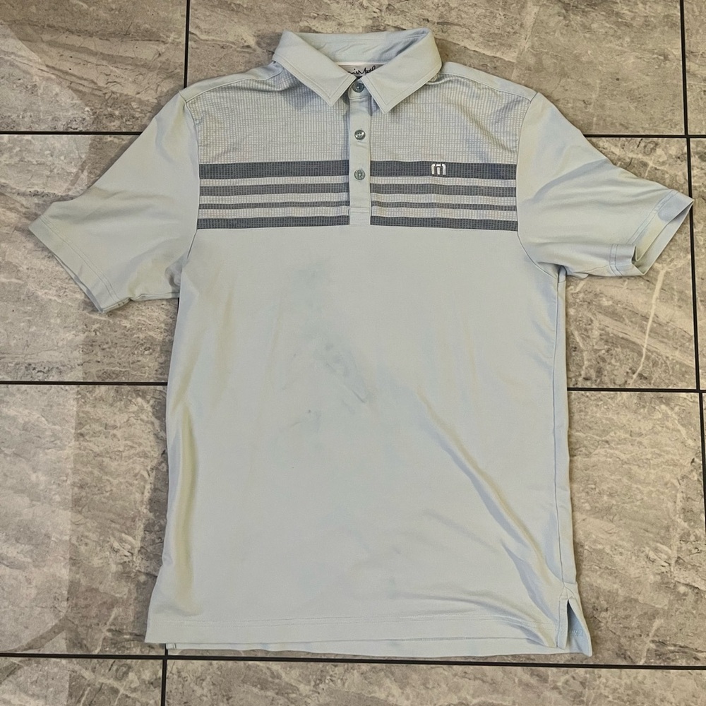 Travis Mathew Men’s Blue Striped Cotton Blend Short Sleeve Polo Shirt Logo S